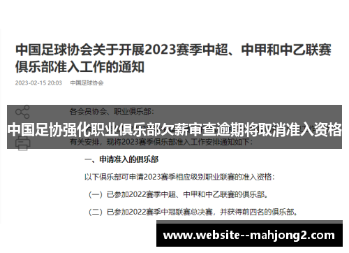 中国足协强化职业俱乐部欠薪审查逾期将取消准入资格